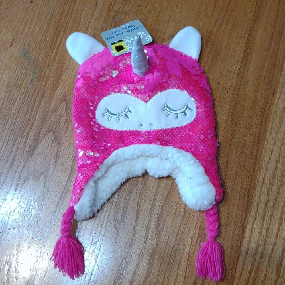 Unicorn sequin Critter warm fuzzy hat toddler girl NEW!